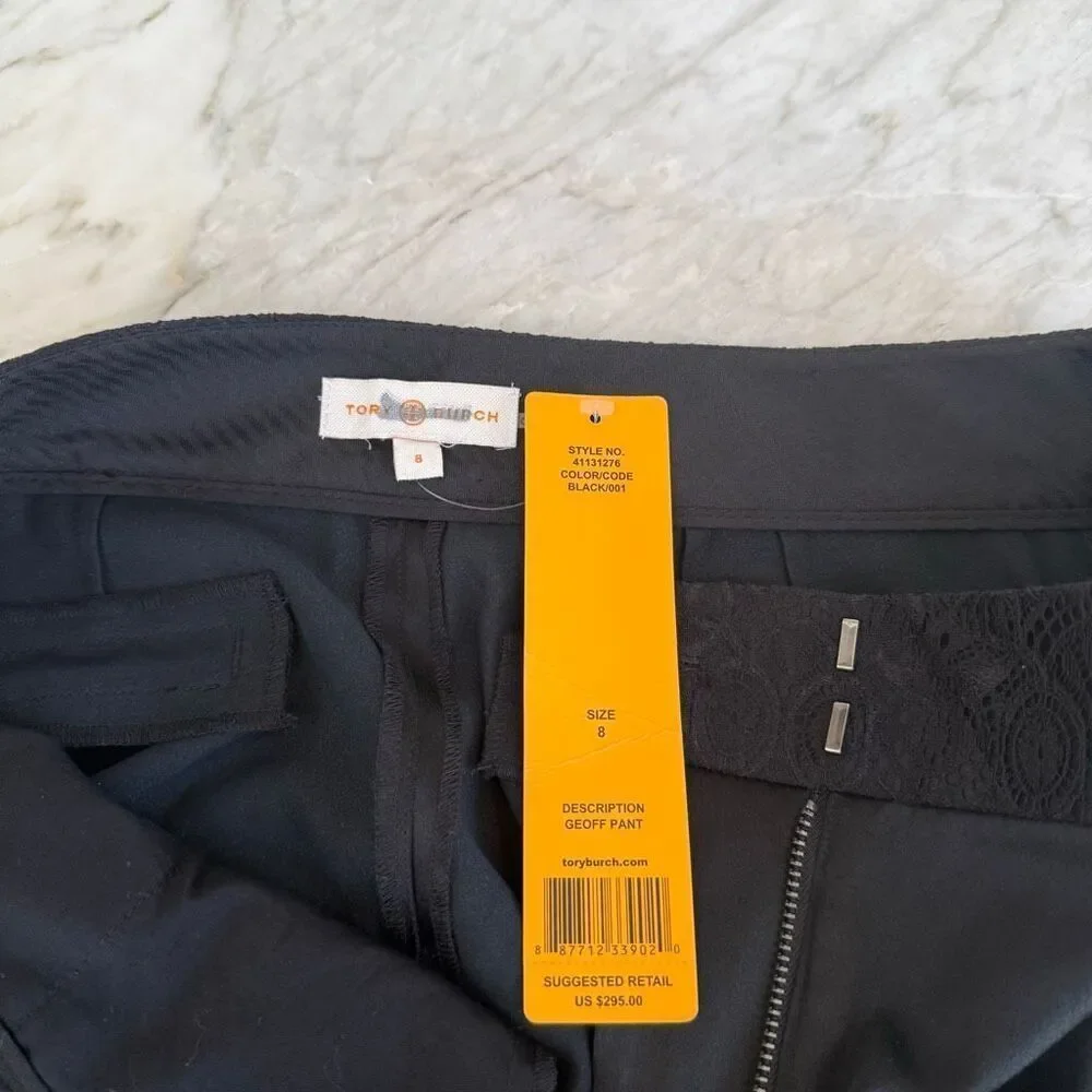 Tory Burch Geoff silk blend pants ankle black slight sheen lacy waistband 8 NWT